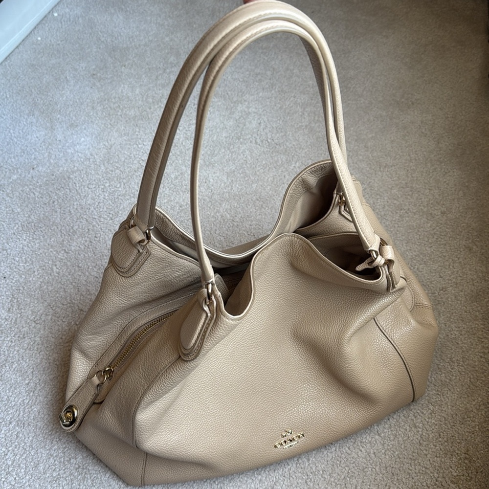 Coach Taupe Pebbled Leather Hobo Shoulder Bag Large